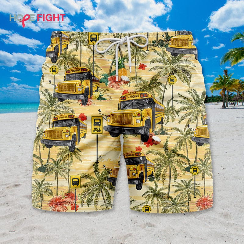 Tropical School Bus Swim Trunks, Yellow Bus & Palm Tree Print, Summer Vibes