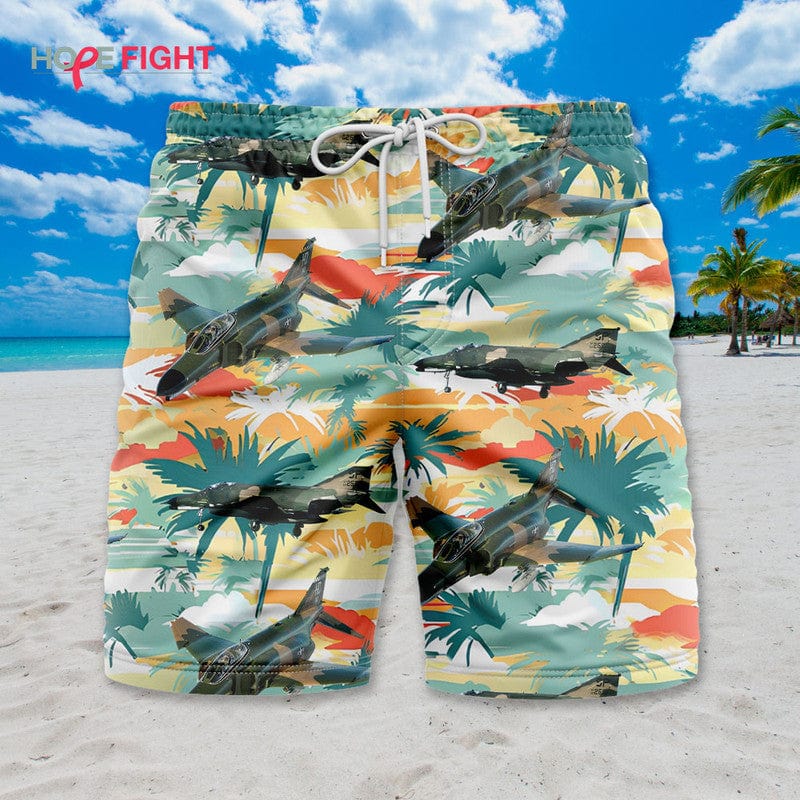 Tropical Fighter Jet Swim Trunks, Military Aircraft & Sunset Palm Print