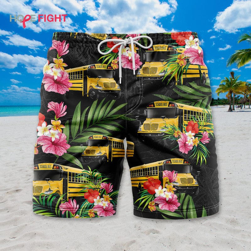 Tropical School Bus Swim Trunks, Yellow Bus & Floral Print, Back to School Vibes