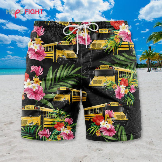 Tropical School Bus Swim Trunks, Yellow Bus & Floral Print, Back to School Vibes