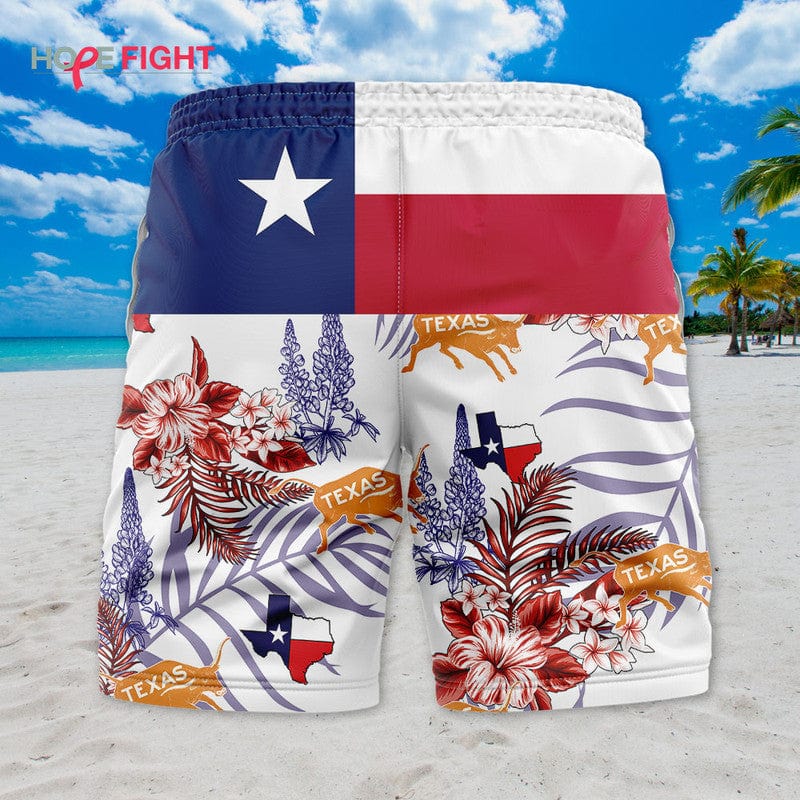 Texas Swim Trunks, Lone Star Flag & Tropical Floral Design