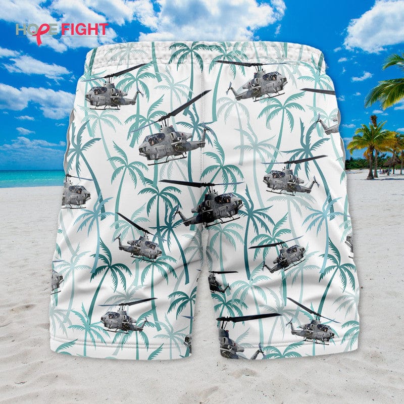 Military Helicopter Swim Trunks, AH-1Z Viper & Tropical Palm Design