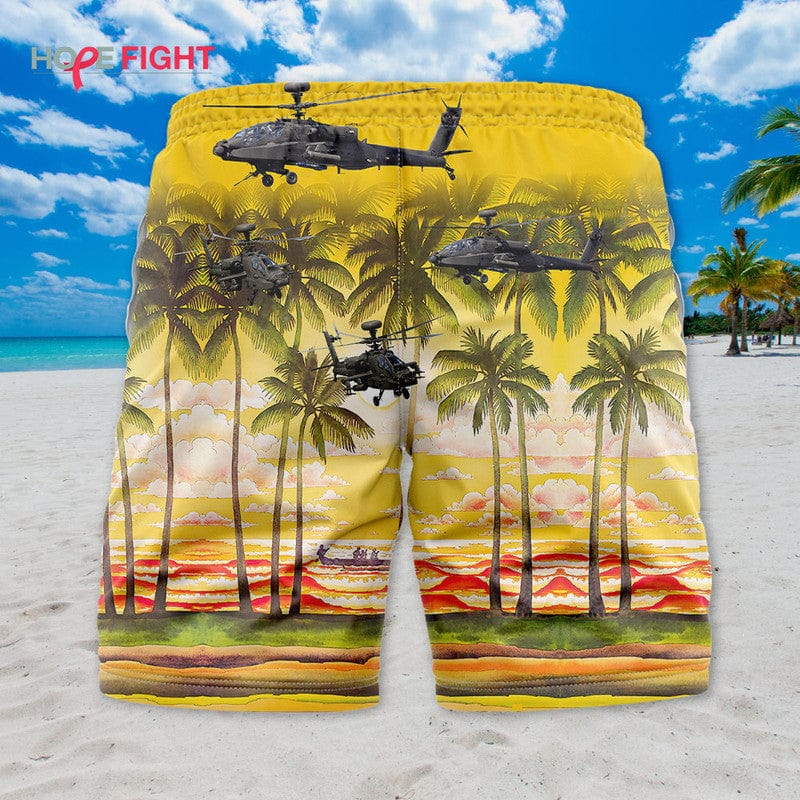 Military Helicopter Swim Trunks, Apache Attack & Golden Sunset Design