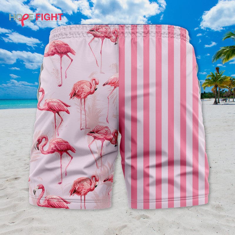 Tropical Flamingo Swim Trunks, Pink Striped & Bird Print, Beachwear