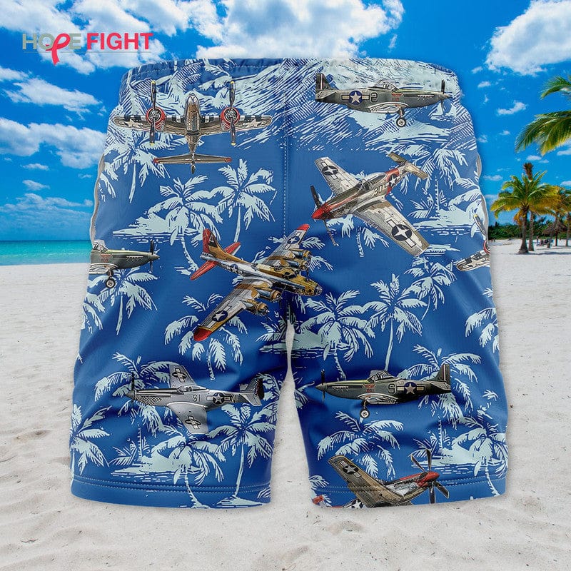 Tropical Military Aircraft Swim Trunks, Vintage Warplane & Palm Tree Print