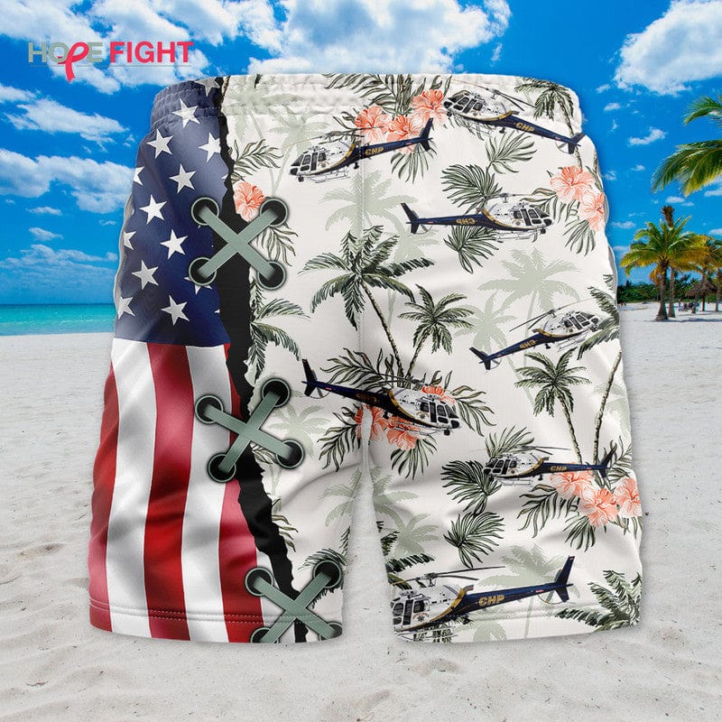 Military Helicopter Swim Trunks, American Flag & Tropical Aviation Design