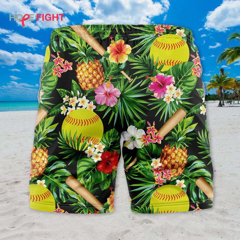 Tropical Softball Swim Trunks, Fun Softball Players Beach Outfit