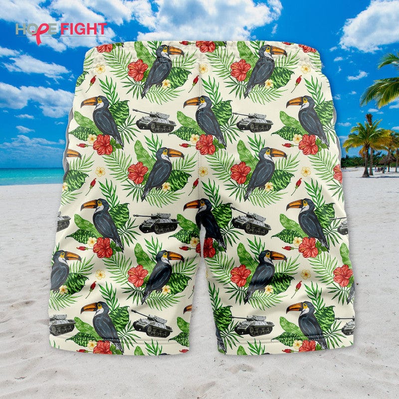 Tropical Military Swim Trunks, Toucan & Army Vehicle Print, Summer Casual