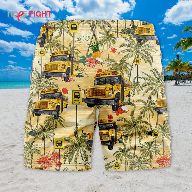 Tropical School Bus Swim Trunks, Yellow Bus & Palm Tree Print, Summer Vibes