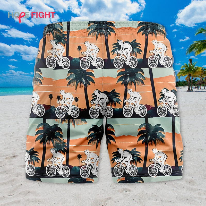 Tropical Cycling Swim Trunks, Fun Biker Sunset Beach Outfit