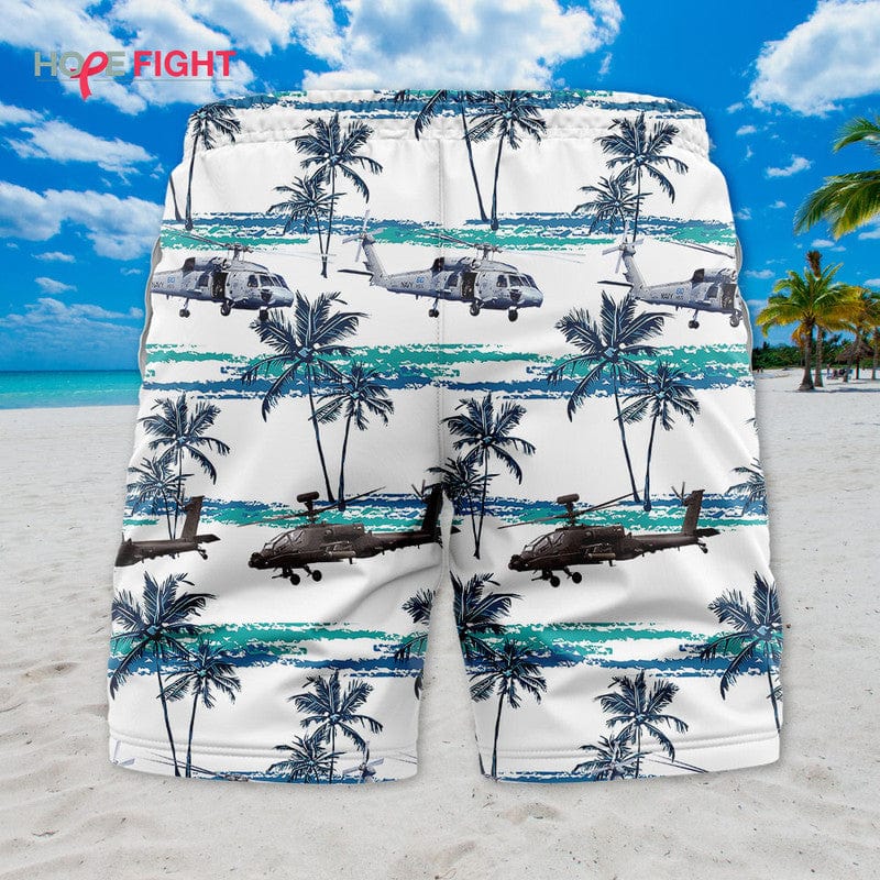 Military Helicopter Swim Trunks, Apache & Seahawk Tropical Design