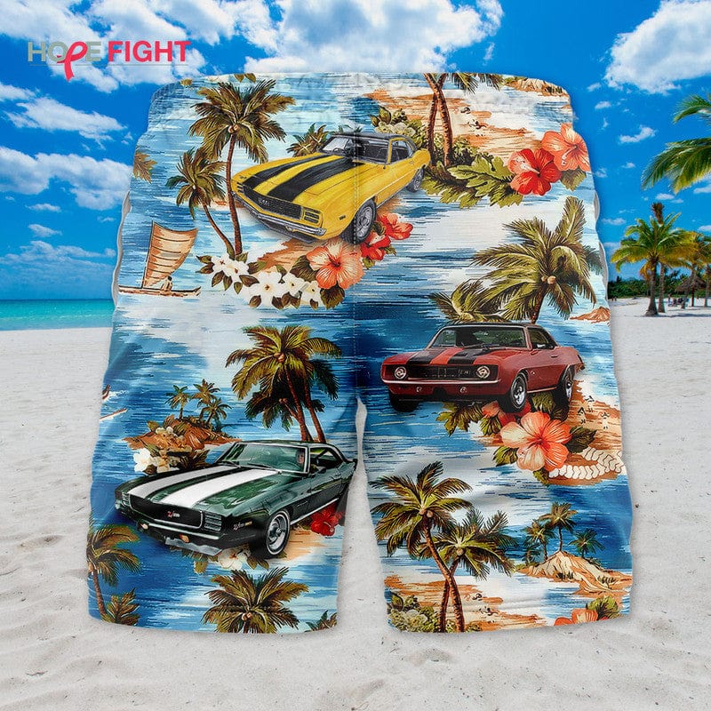 Tropical Muscle Car Swim Trunks, Classic Vintage Auto & Palm Tree Print