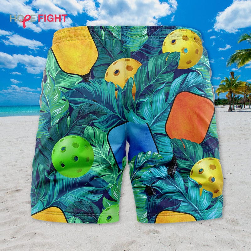 Tropical Pickleball Swim Trunks, Vibrant Paddle & Ball Beachwear