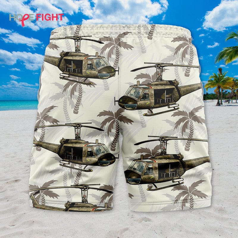 Military Helicopter Swim Trunks, UH-1 Huey & Tropical Camouflage Design