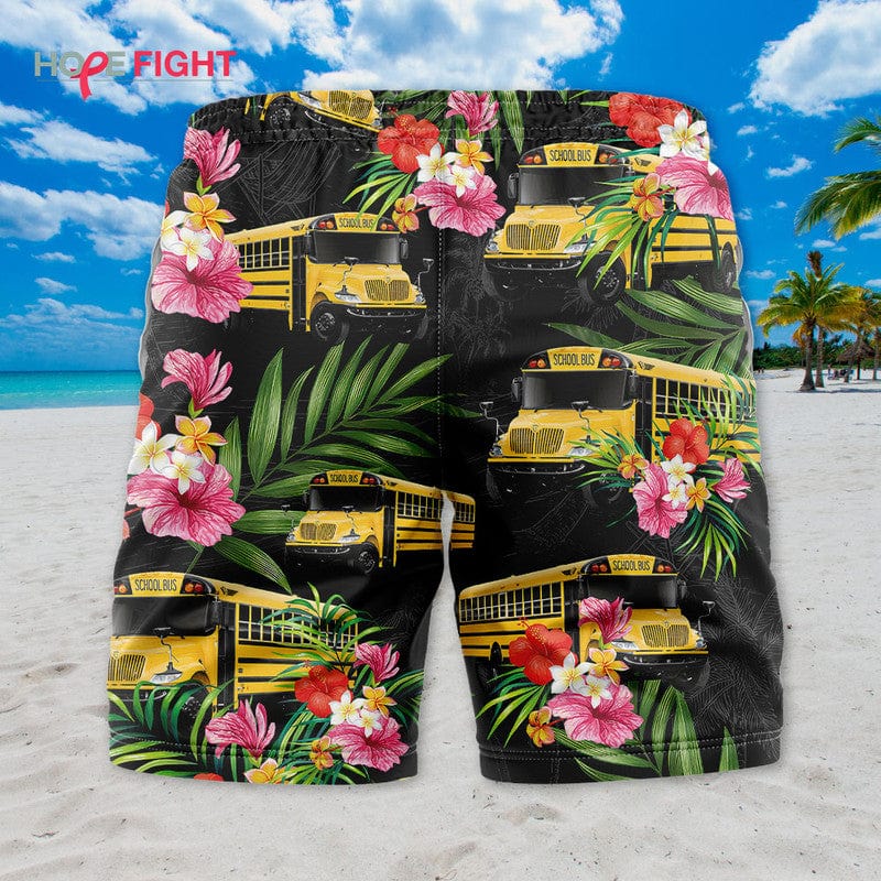 Tropical School Bus Swim Trunks, Yellow Bus & Floral Print, Back to School Vibes