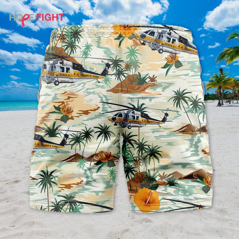 Rescue Helicopter Swim Trunks, LA County Fire & Tropical Desert Design