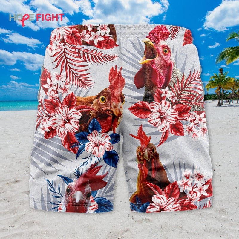 Tropical Rooster Swim Trunks, Vibrant Chicken & Floral Print, Farm Style
