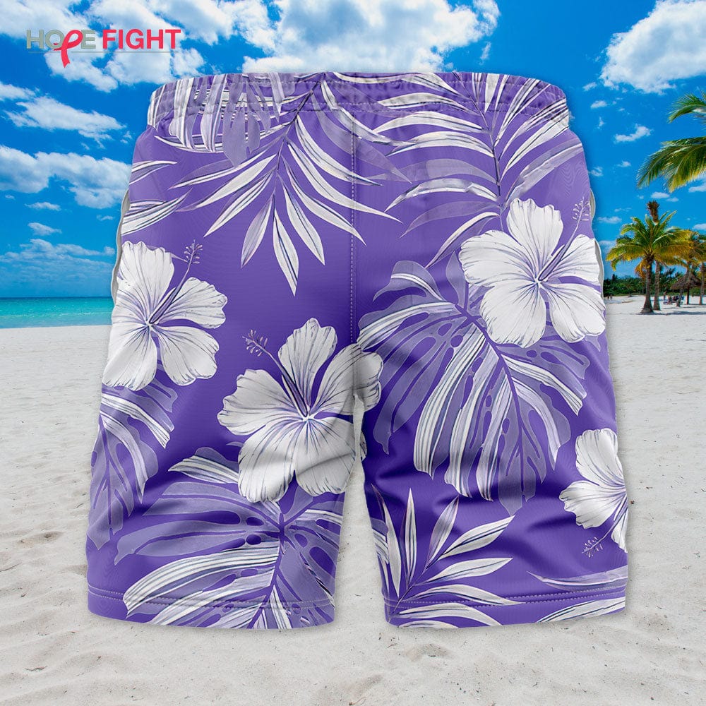Hibiscus Swim Trunks, Purple & White Tropical Floral Design for Summer