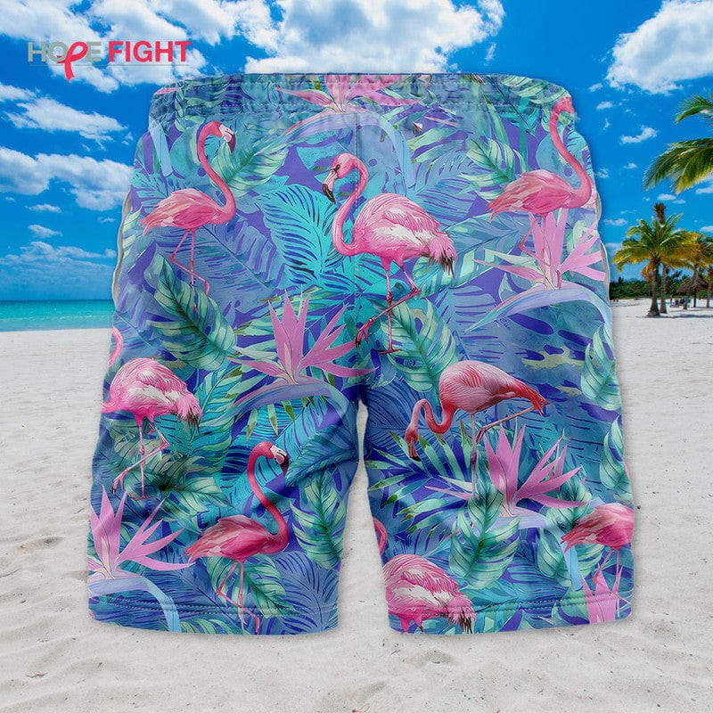 Tropical Flamingo Swim Trunks, Pink Bird & Palm Leaf Print
