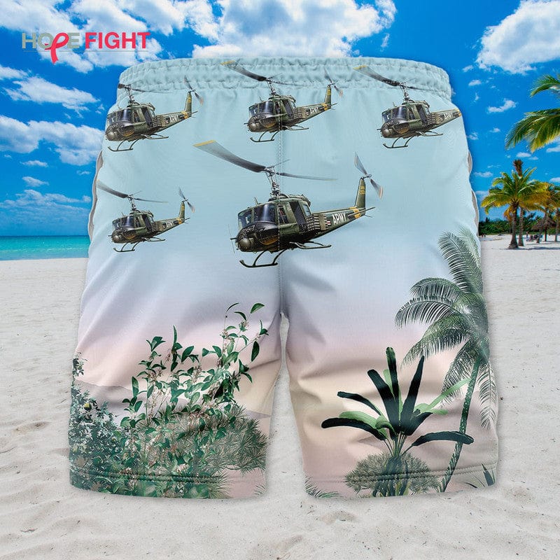Military Helicopter Swim Trunks, UH-1 Huey & Tropical Jungle Design
