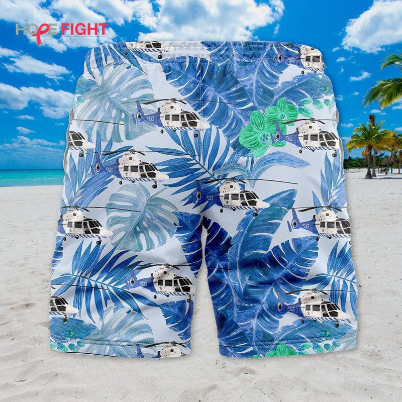 Rescue Helicopter Swim Trunks, Tropical Palm & Blue Foliage Design