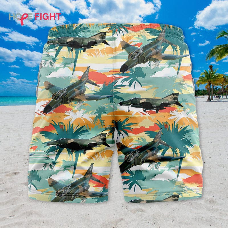 Tropical Fighter Jet Swim Trunks, Military Aircraft & Sunset Palm Print
