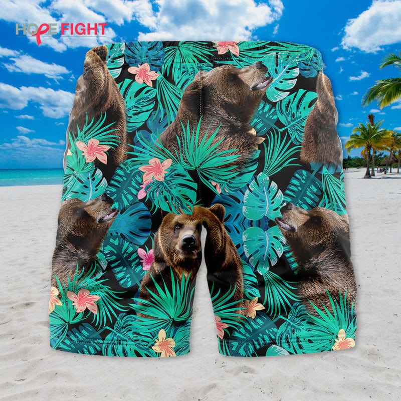 Tropical Bear Swim Trunks, Fun Grizzly Lovers Beach Outfit
