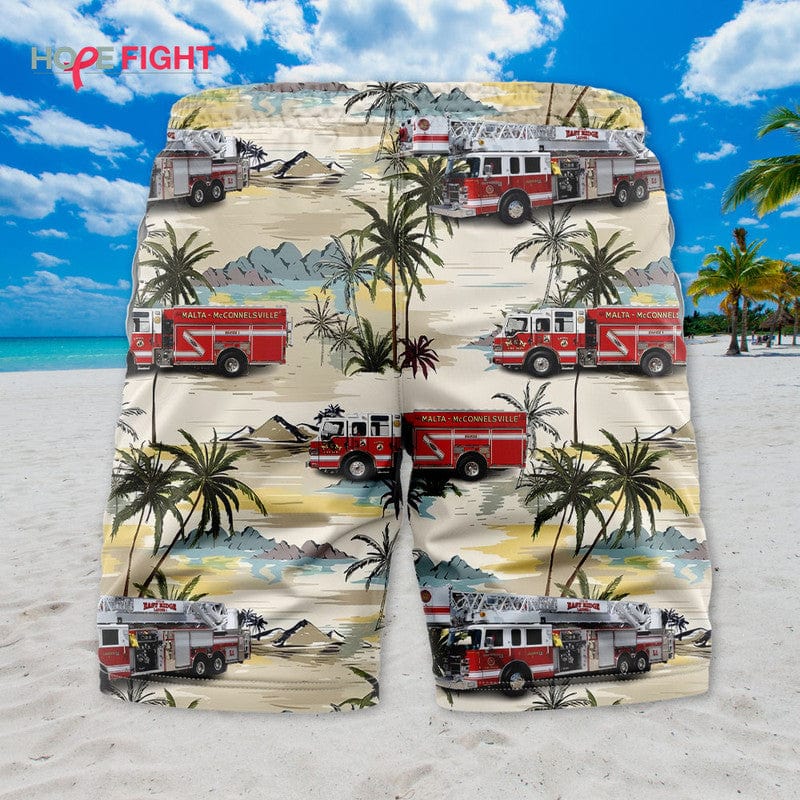 Tropical Firefighter Swim Trunks, Fire Truck & Palm Tree Print, Summer Style