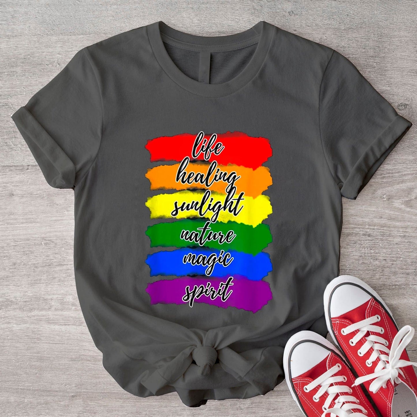 Camisetas del orgullo gay con la bandera del arcoíris LGBT que curan la vida, la luz del sol, la naturaleza, la magia y el espíritu