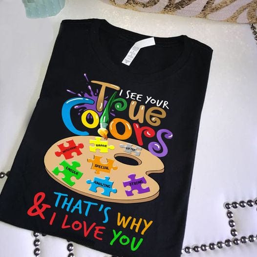 Camiseta True Colors para concienciar sobre el autismo: diseño colorido de rompecabezas y paleta de pintura