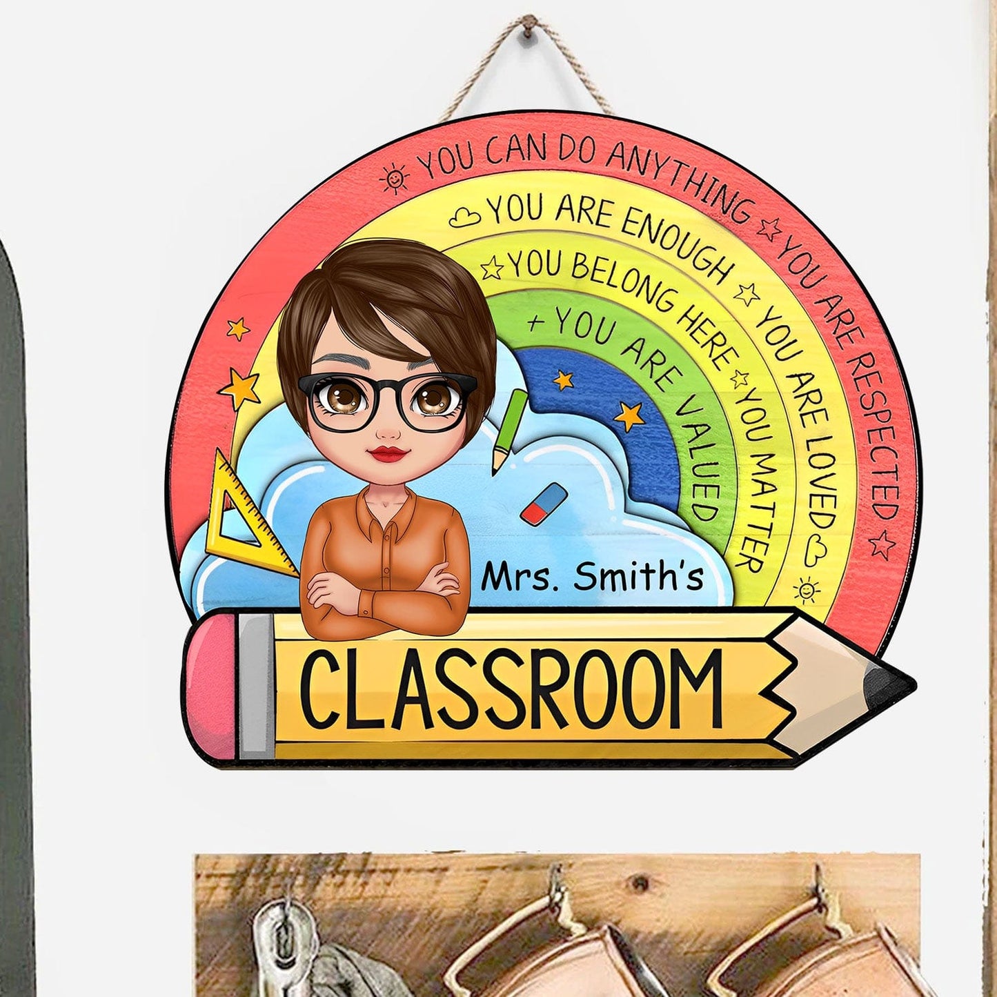 Personalized Teacher Round Wood Sign - You Can Do Any Thing, You Are Respected