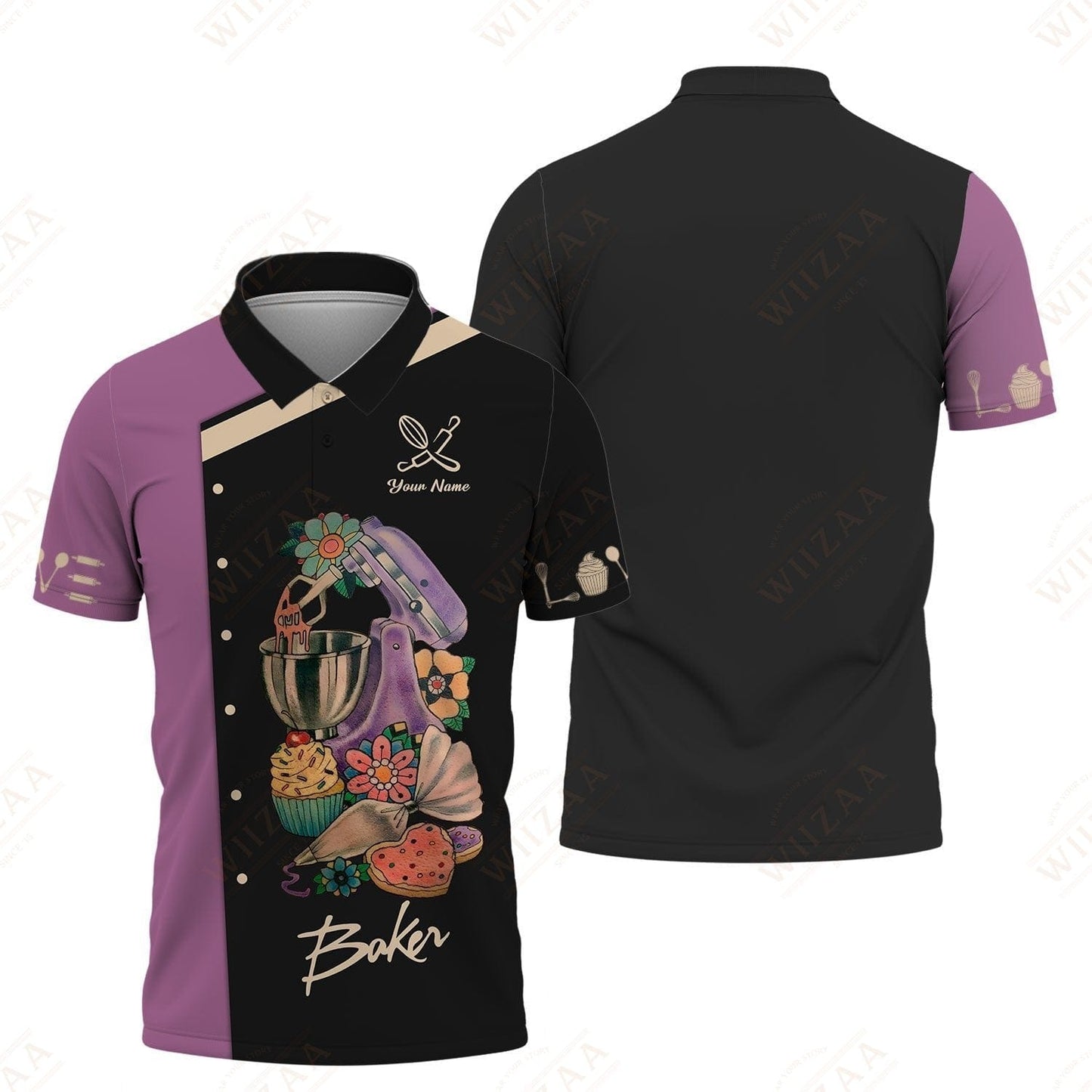 Personalized Baker Shirt - Bold Mixer & Pastry Graphics on Mauve Background
