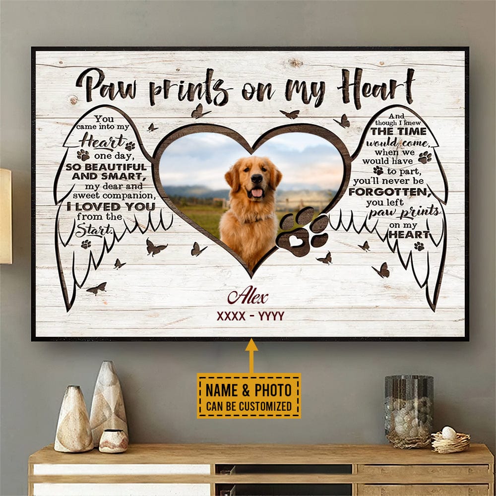Personalized Memorial Poster, Canvas Paw Prints On My Heart, Pet Memorial