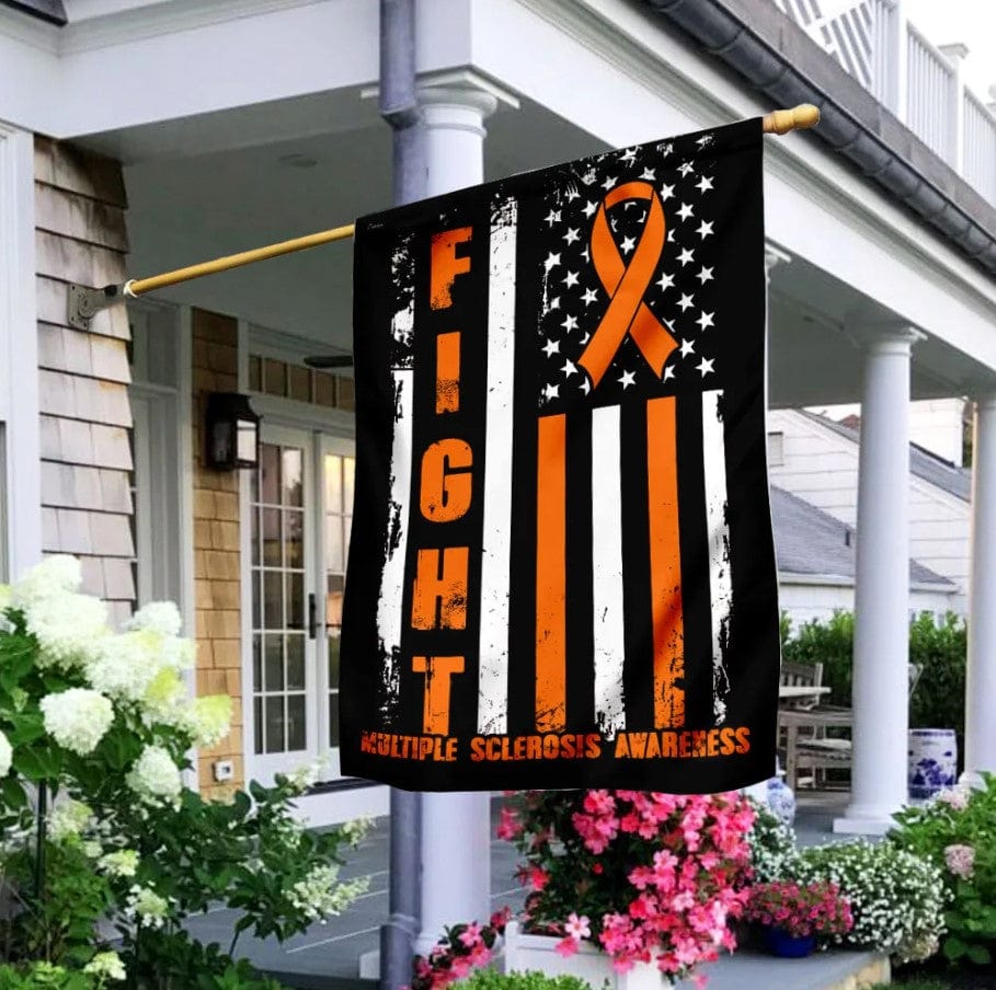 Fight Multiple Sclerosis Awareness America Flag Orange Ribbon House & Garden Flag