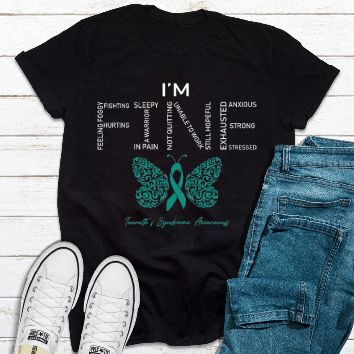 Camiseta de concienciación sobre el síndrome de Tourette con lazo de mariposa "Estoy bien"