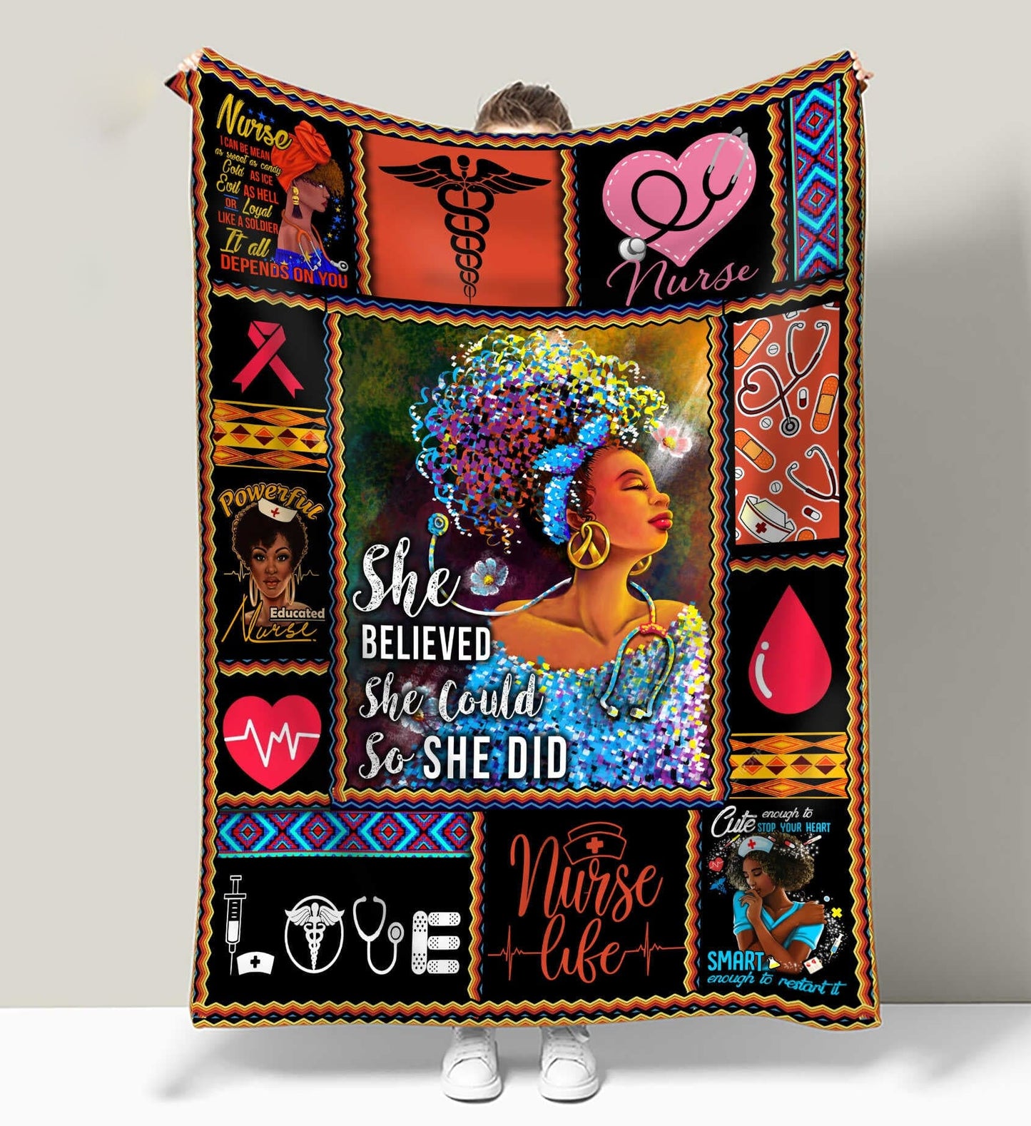 She Believed She Could So She Did Black Nurse Fleece & Sherpa Blanket