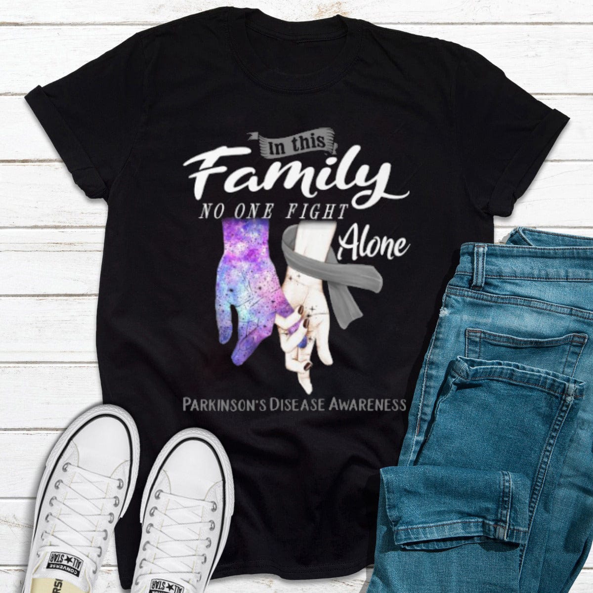 In This Family No One Fights Alone Hand & Silver Ribbon Parkinson's Disease Awareness Shirt