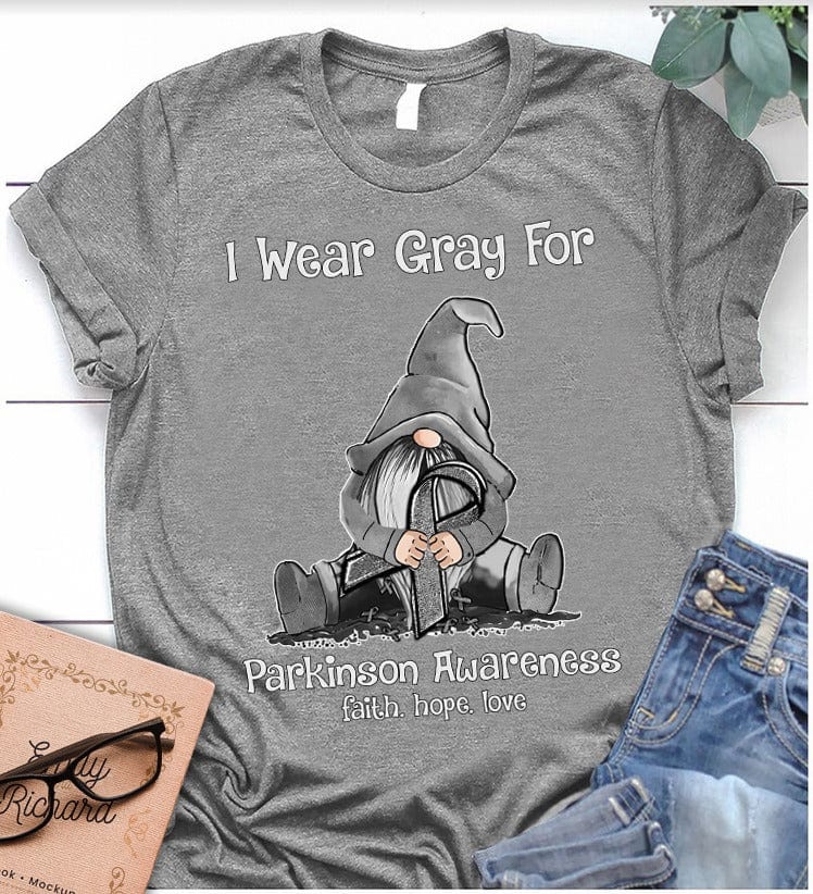 I Wear Gray For Parkinson Awareness Faith Hope Love Gnome Silver Ribbon Shirt