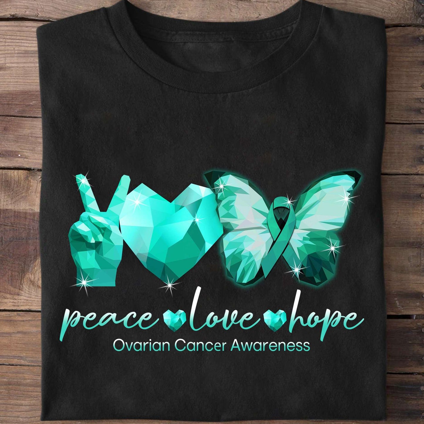 Camiseta de concienciación sobre el cáncer de ovario con paz, amor y esperanza, mano, corazón y mariposa