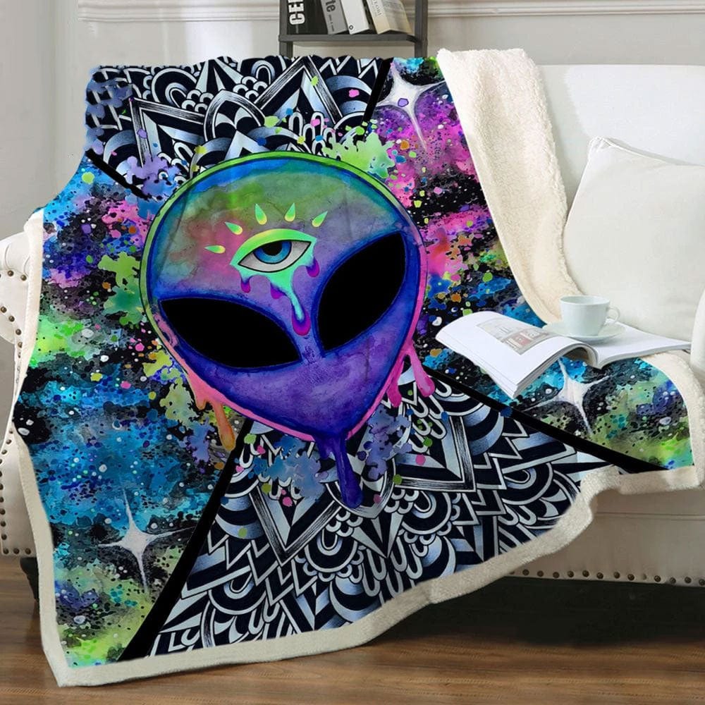 Manta de vellón y sherpa con diseño hippie de extraterrestre