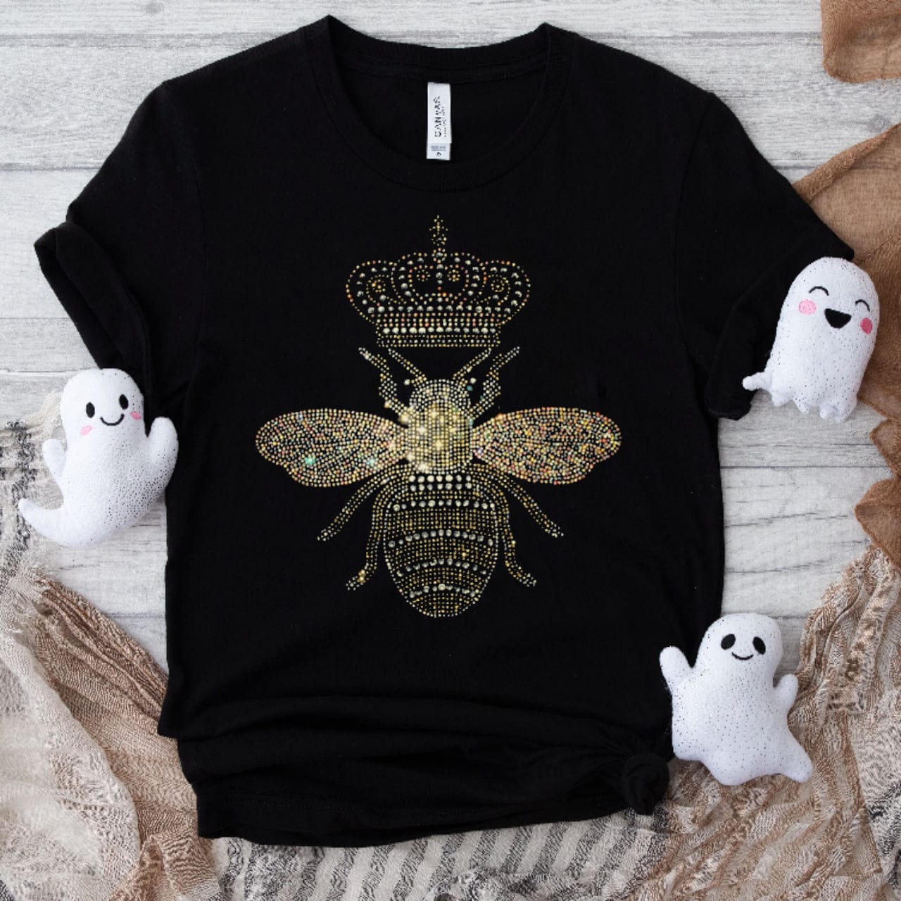 Camisa de abeja reina con diamantes de imitación, camisa de abeja con cristales de corona dorada