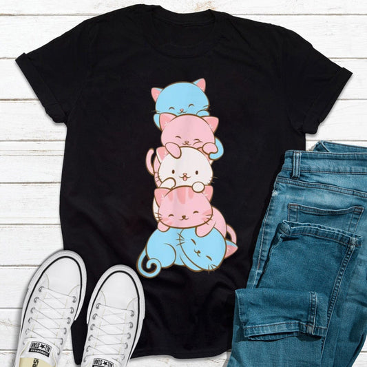 Camiseta linda del orgullo transgénero LGBT con la bandera del orgullo transgénero y gato kawaii