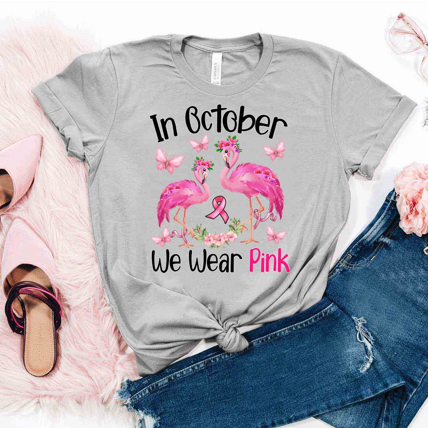 Couple Flamingo In October We Wear Pink Breast Cancer Awareness Shirt