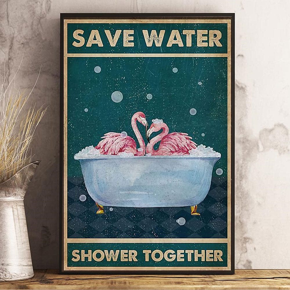 Flamingo Couple In Bathtub Save Water Shower Together Poster, Canvas