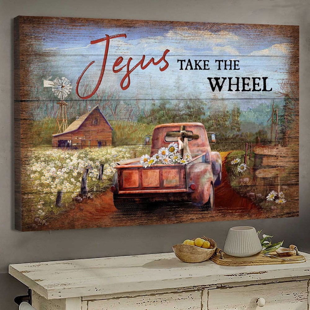 Retro Trunk Daisy Field Jesus Take The Wheel Poster, Canvas