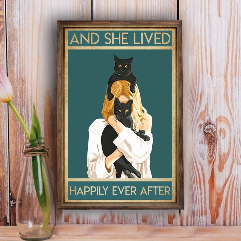 Y ella vivió feliz para siempre Póster de niña y gato, lienzo