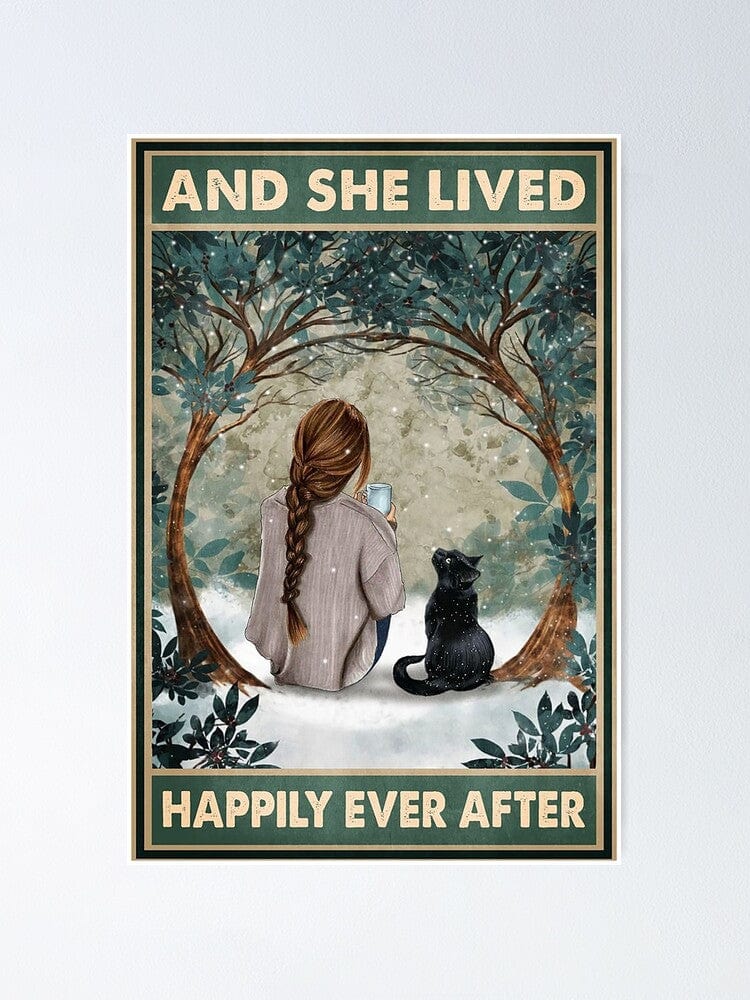 Y ella vivió feliz para siempre Póster de niña y gato negro, lienzo