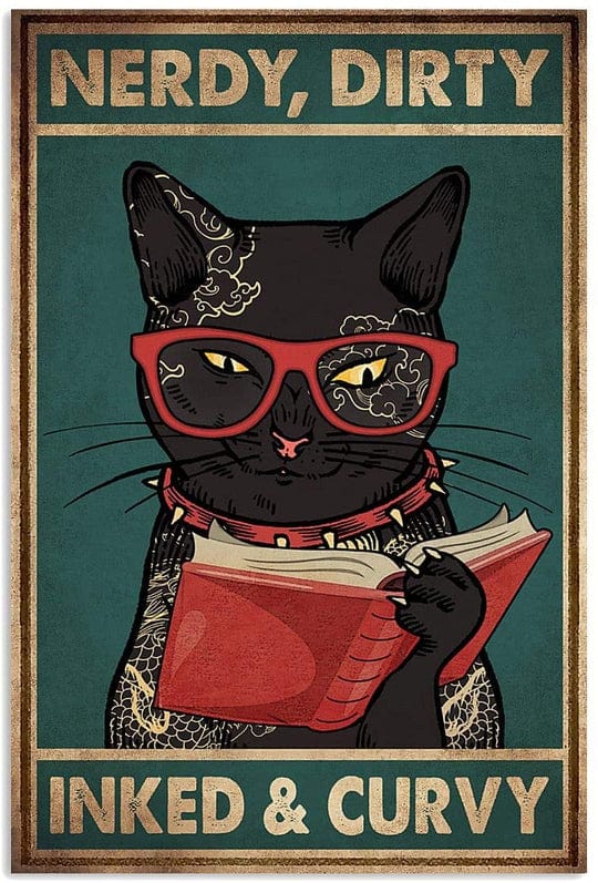 Póster, lienzo, gato negro nerd, sucio, tatuado y con curvas, leyendo un libro con tapa roja y gafas rojas