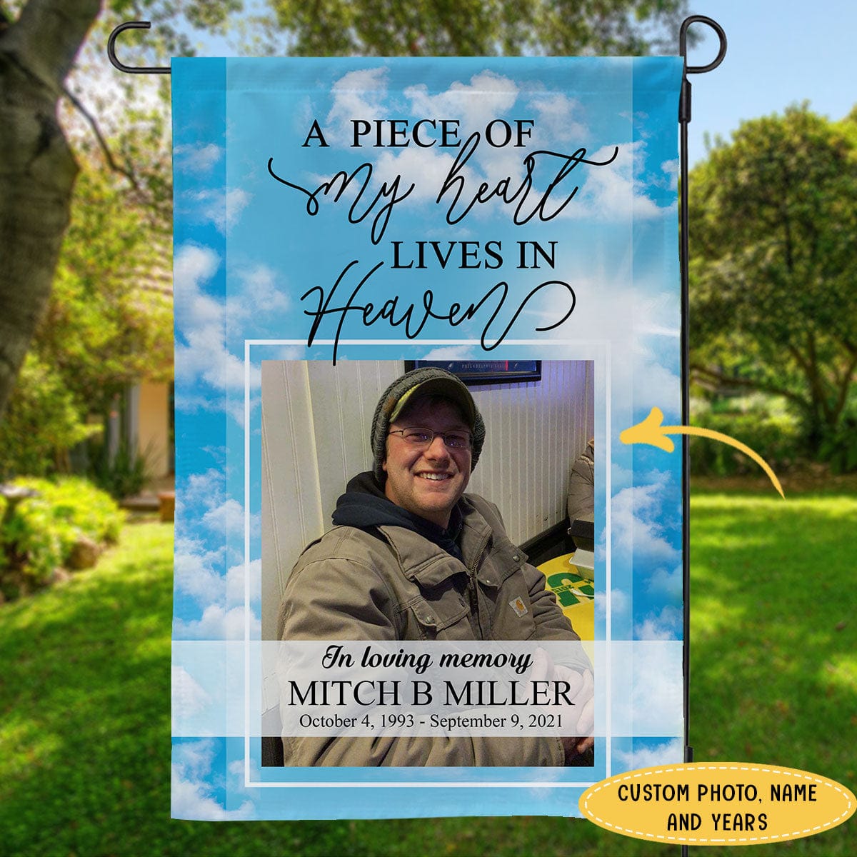 Bandera conmemorativa personalizada para casa y jardín Un trocito de mi corazón vive en el cielo