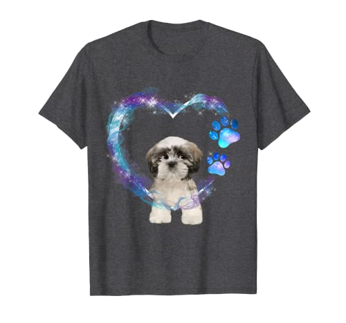 Camiseta con diseño de patas de Shih Tzu con corazón morado y azul